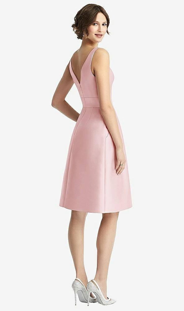Back View - Ballet Pink V-Neck Pleated Skirt Cocktail Dress with Pockets