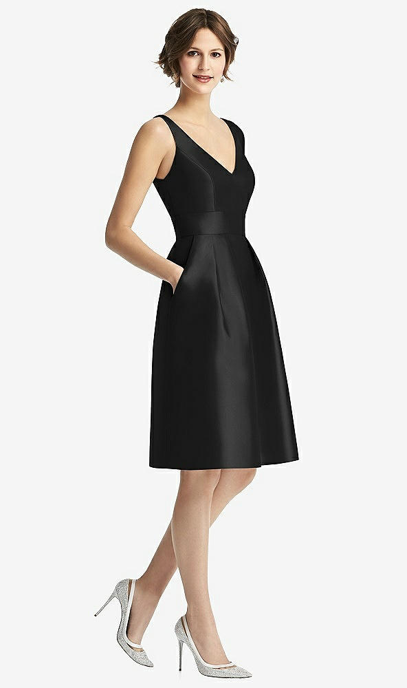 Front View - Black V-Neck Pleated Skirt Cocktail Dress with Pockets