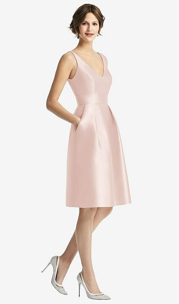 Front View - Blush V-Neck Pleated Skirt Cocktail Dress with Pockets