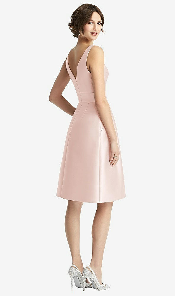 Back View - Blush V-Neck Pleated Skirt Cocktail Dress with Pockets
