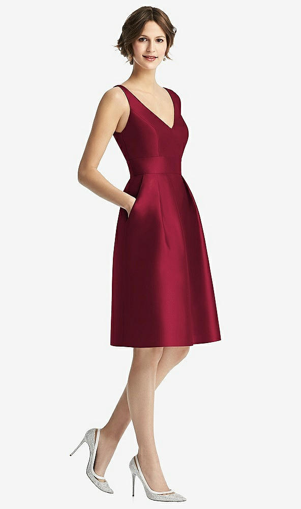 Front View - Burgundy V-Neck Pleated Skirt Cocktail Dress with Pockets