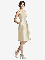 Front View Thumbnail - Champagne V-Neck Pleated Skirt Cocktail Dress with Pockets