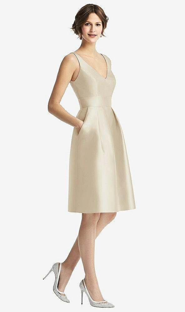 Front View - Champagne V-Neck Pleated Skirt Cocktail Dress with Pockets