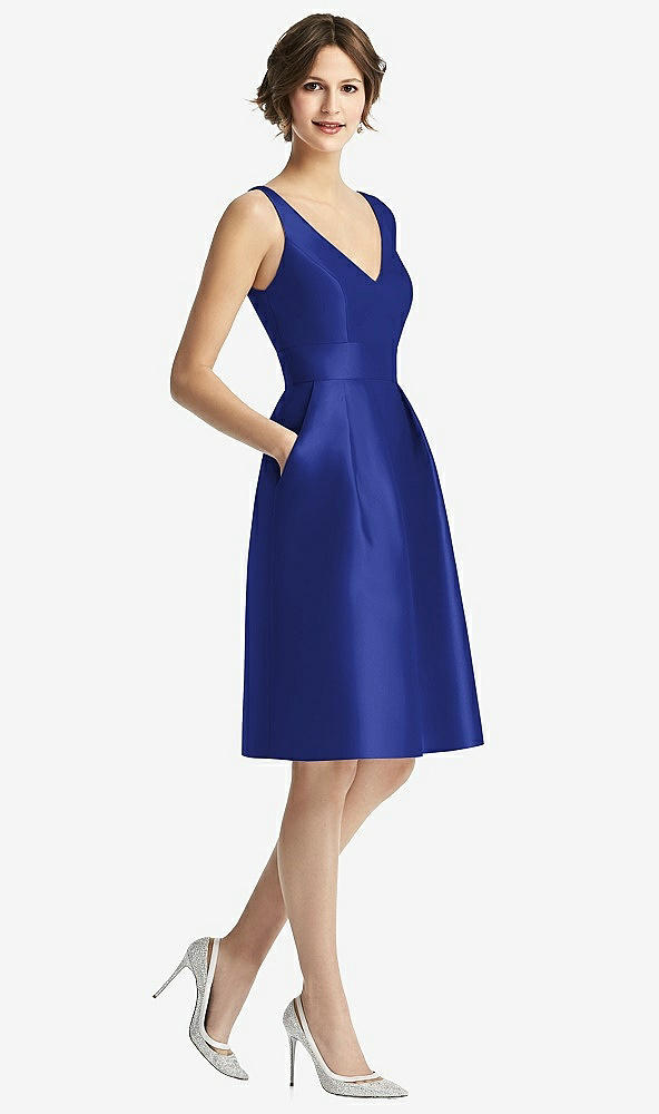 Front View - Cobalt Blue V-Neck Pleated Skirt Cocktail Dress with Pockets