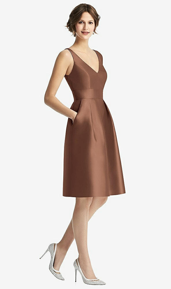 Front View - Cognac V-Neck Pleated Skirt Cocktail Dress with Pockets