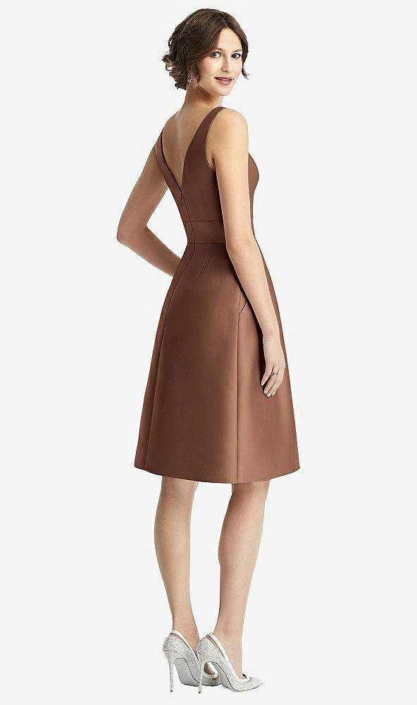 Back View - Cognac V-Neck Pleated Skirt Cocktail Dress with Pockets