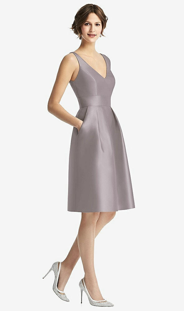 Front View - Cashmere Gray V-Neck Pleated Skirt Cocktail Dress with Pockets