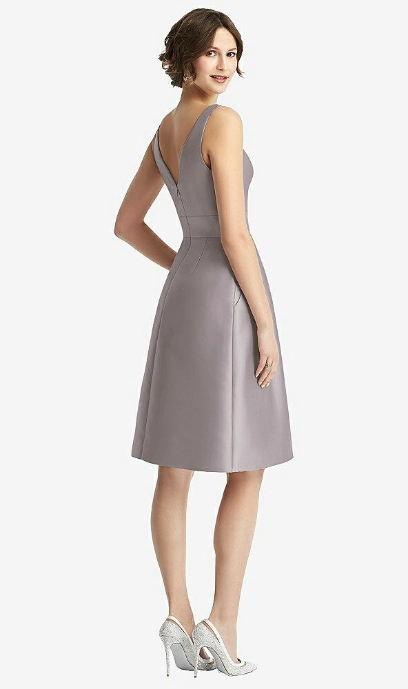 Back View - Cashmere Gray V-Neck Pleated Skirt Cocktail Dress with Pockets