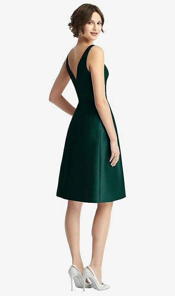 Back View - Evergreen V-Neck Pleated Skirt Cocktail Dress with Pockets