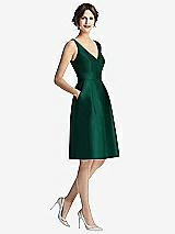 Front View Thumbnail - Hunter Green V-Neck Pleated Skirt Cocktail Dress with Pockets