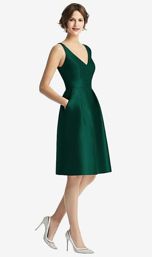 Front View - Hunter Green V-Neck Pleated Skirt Cocktail Dress with Pockets