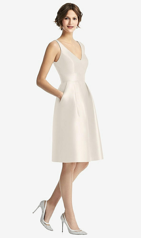 Front View - Ivory V-Neck Pleated Skirt Cocktail Dress with Pockets