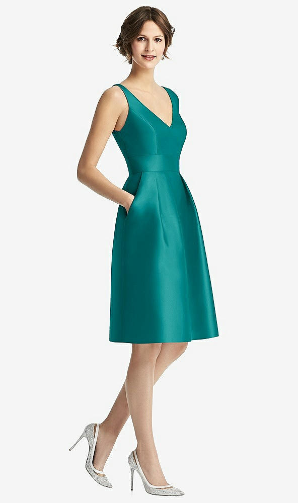 Front View - Jade V-Neck Pleated Skirt Cocktail Dress with Pockets