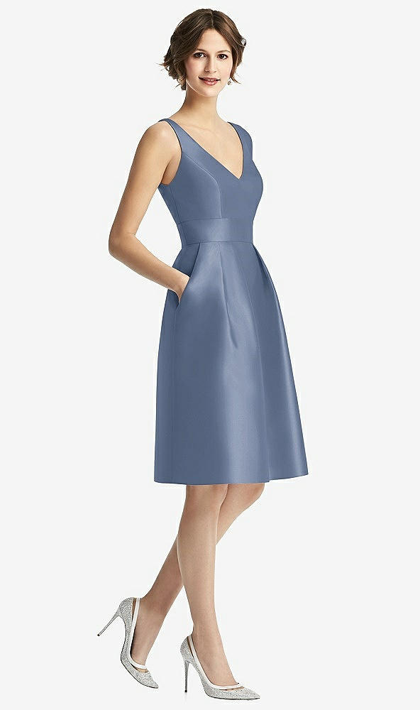 Front View - Larkspur Blue V-Neck Pleated Skirt Cocktail Dress with Pockets