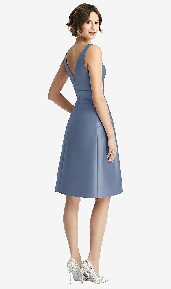 Back View - Larkspur Blue V-Neck Pleated Skirt Cocktail Dress with Pockets