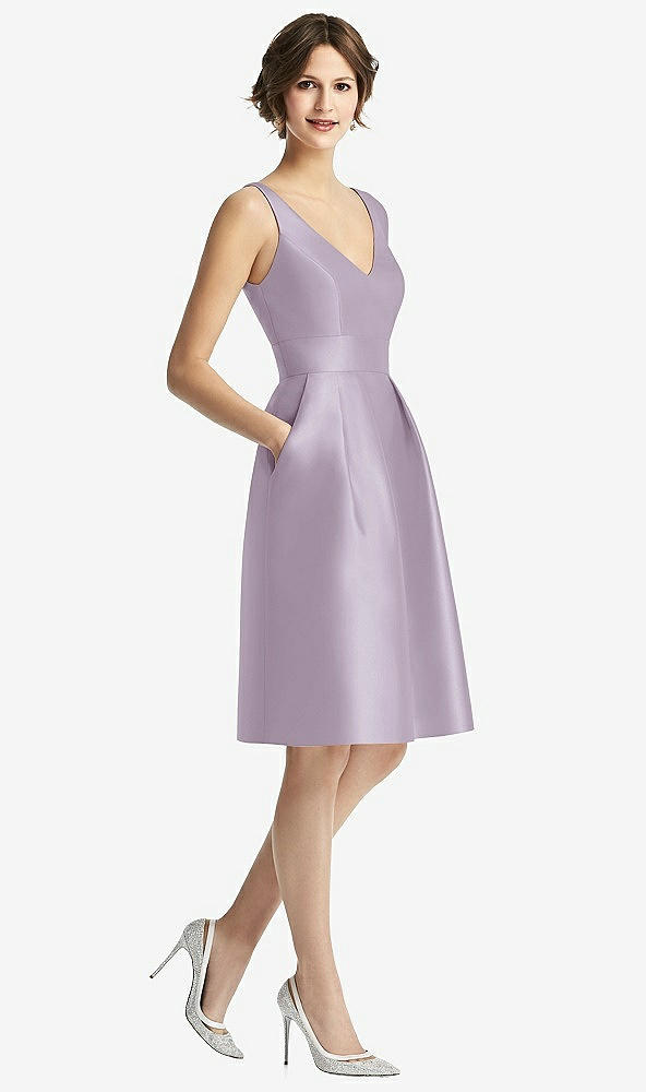 Front View - Lilac Haze V-Neck Pleated Skirt Cocktail Dress with Pockets