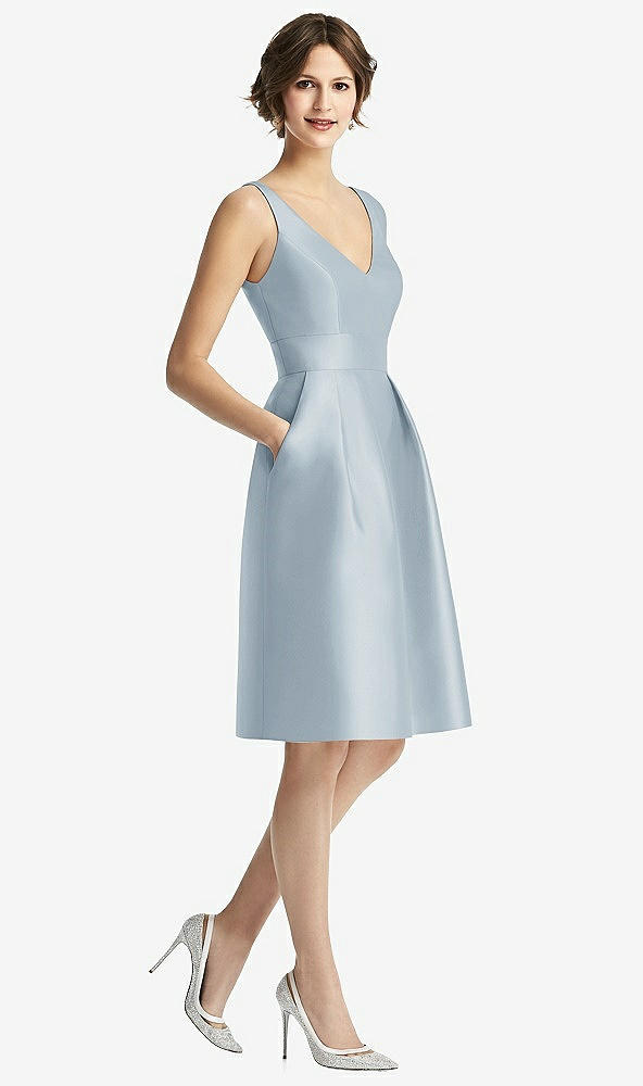 Front View - Mist V-Neck Pleated Skirt Cocktail Dress with Pockets