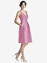Front View Thumbnail - Powder Pink V-Neck Pleated Skirt Cocktail Dress with Pockets