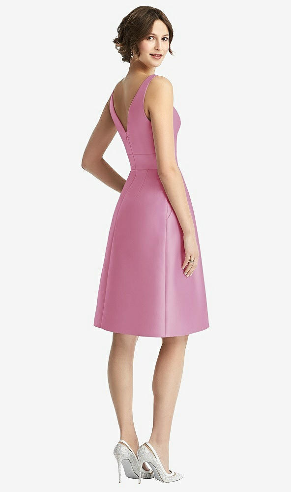 Back View - Powder Pink V-Neck Pleated Skirt Cocktail Dress with Pockets