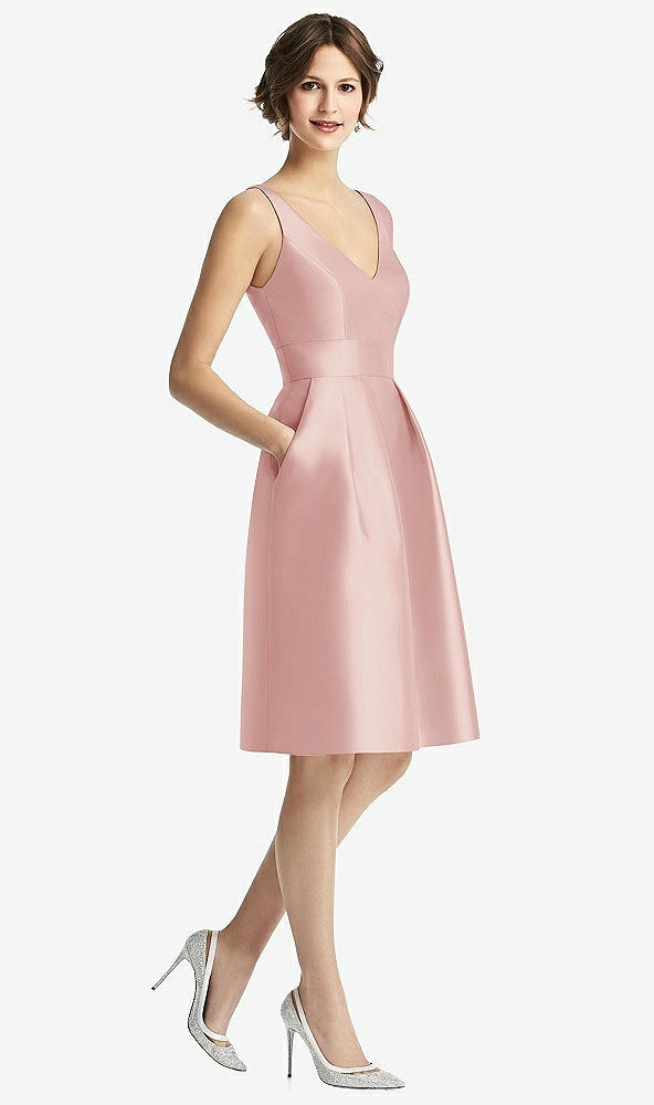 Front View - Rose V-Neck Pleated Skirt Cocktail Dress with Pockets