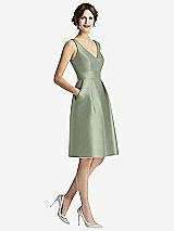 Front View Thumbnail - Sage V-Neck Pleated Skirt Cocktail Dress with Pockets