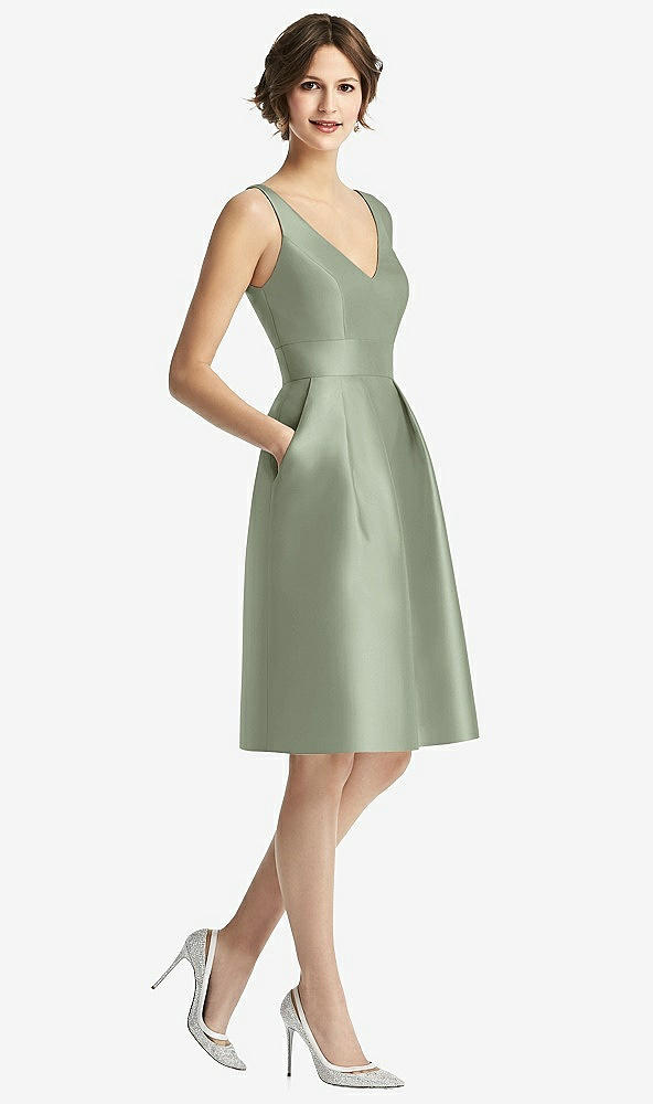 Front View - Sage V-Neck Pleated Skirt Cocktail Dress with Pockets