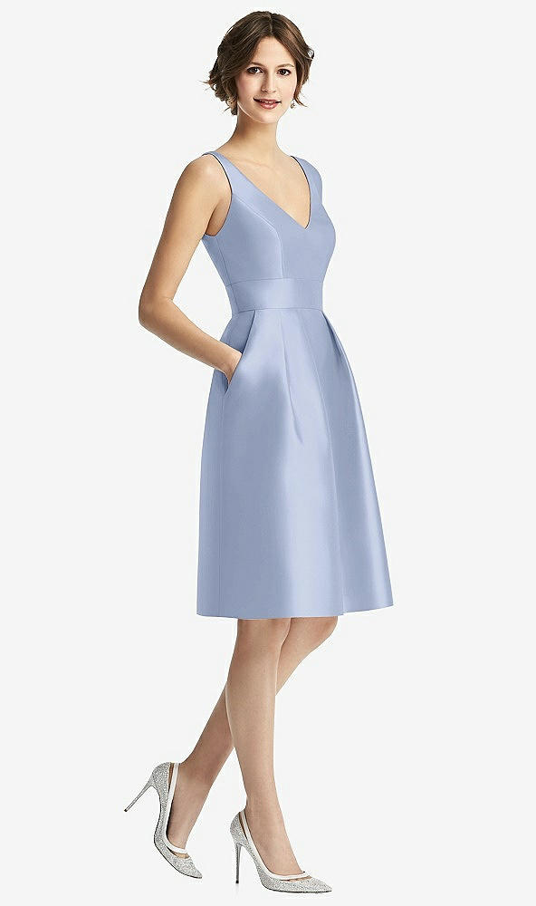 Front View - Sky Blue V-Neck Pleated Skirt Cocktail Dress with Pockets