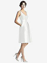 Front View Thumbnail - White V-Neck Pleated Skirt Cocktail Dress with Pockets