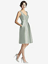 Front View Thumbnail - Willow Green V-Neck Pleated Skirt Cocktail Dress with Pockets