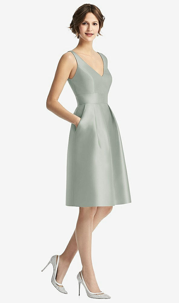 Front View - Willow Green V-Neck Pleated Skirt Cocktail Dress with Pockets