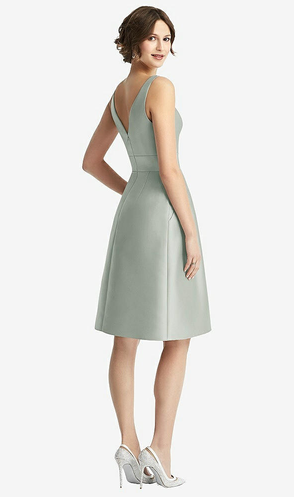 Back View - Willow Green V-Neck Pleated Skirt Cocktail Dress with Pockets
