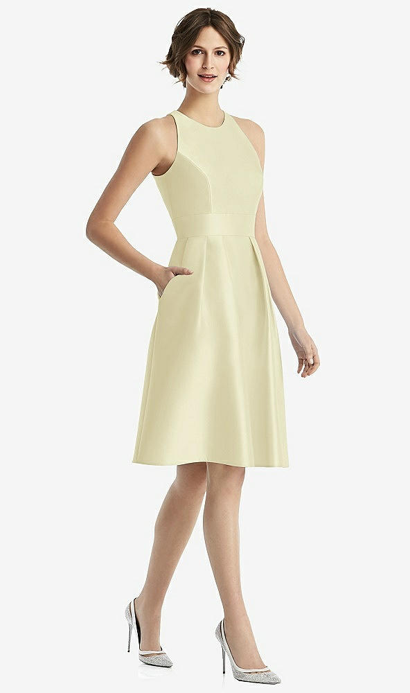 Front View - Butter Yellow High-Neck Satin Cocktail Dress with Pockets