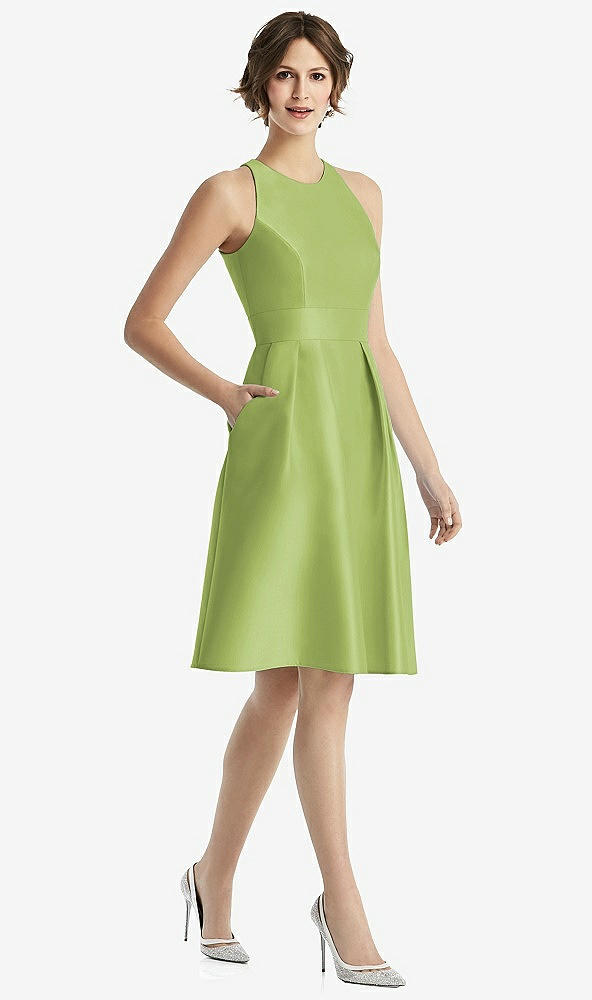 Front View - Mojito High-Neck Satin Cocktail Dress with Pockets