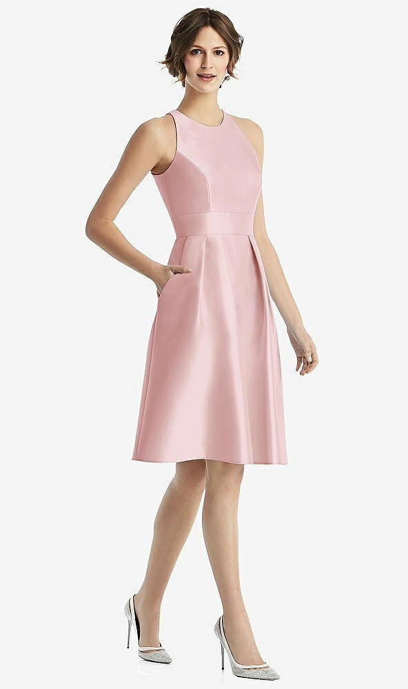 Front View - Ballet Pink High-Neck Satin Cocktail Dress with Pockets