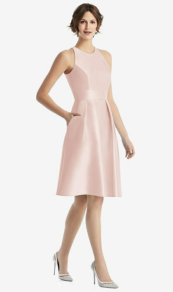 Front View - Blush High-Neck Satin Cocktail Dress with Pockets