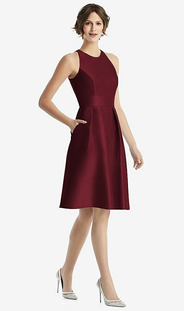 Front View - Cabernet High-Neck Satin Cocktail Dress with Pockets