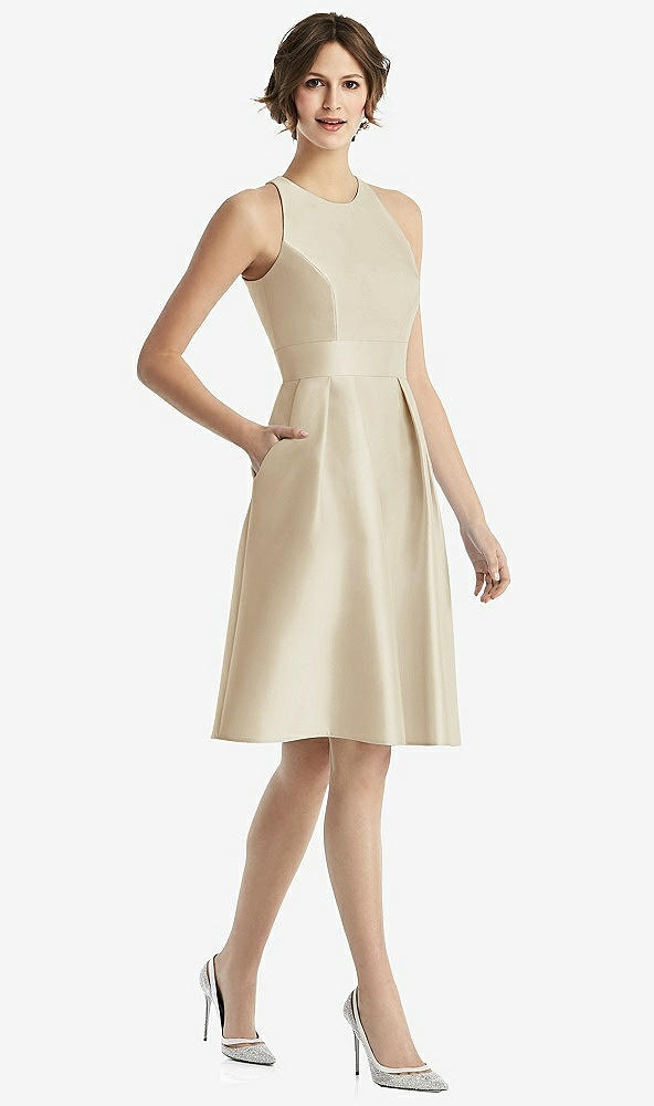Front View - Champagne High-Neck Satin Cocktail Dress with Pockets