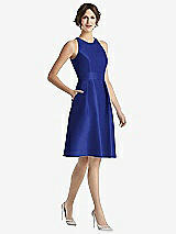 Front View Thumbnail - Cobalt Blue High-Neck Satin Cocktail Dress with Pockets