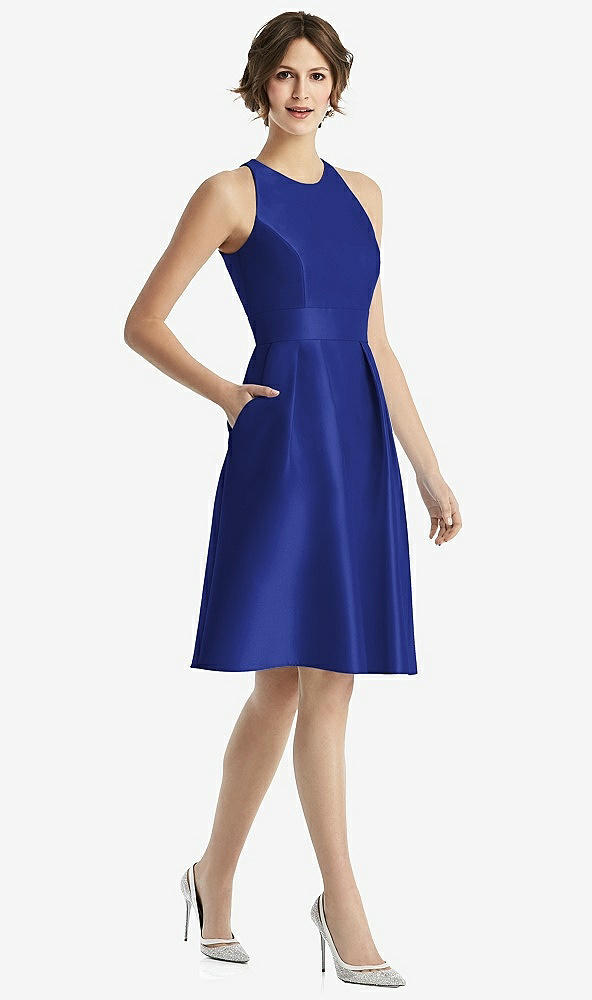 Front View - Cobalt Blue High-Neck Satin Cocktail Dress with Pockets