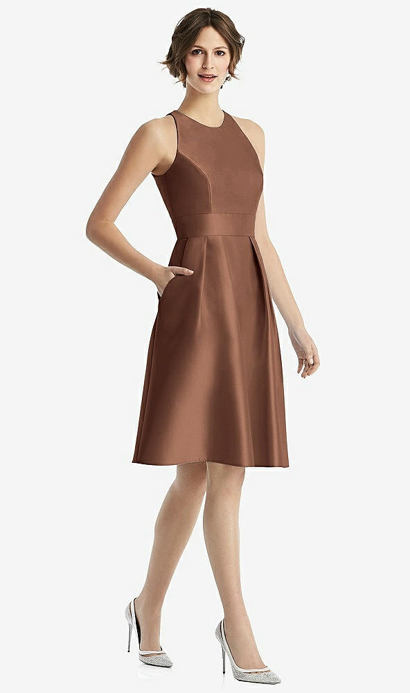 Front View - Cognac High-Neck Satin Cocktail Dress with Pockets