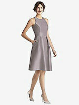 Front View Thumbnail - Cashmere Gray High-Neck Satin Cocktail Dress with Pockets