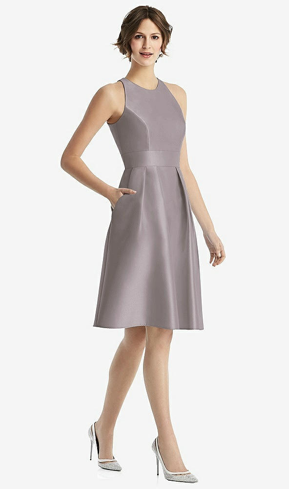 Front View - Cashmere Gray High-Neck Satin Cocktail Dress with Pockets