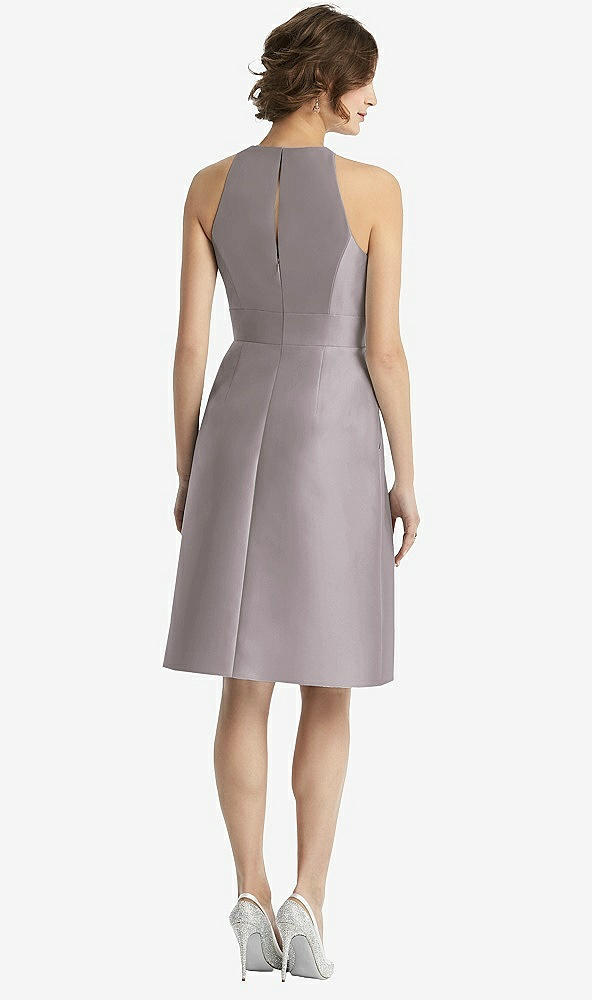Back View - Cashmere Gray High-Neck Satin Cocktail Dress with Pockets
