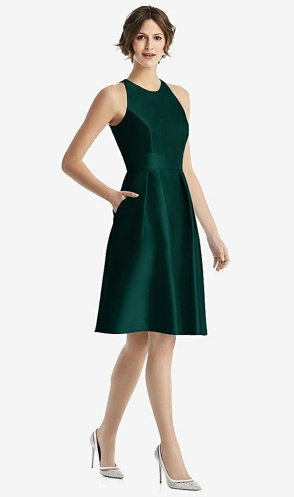 Front View - Evergreen High-Neck Satin Cocktail Dress with Pockets