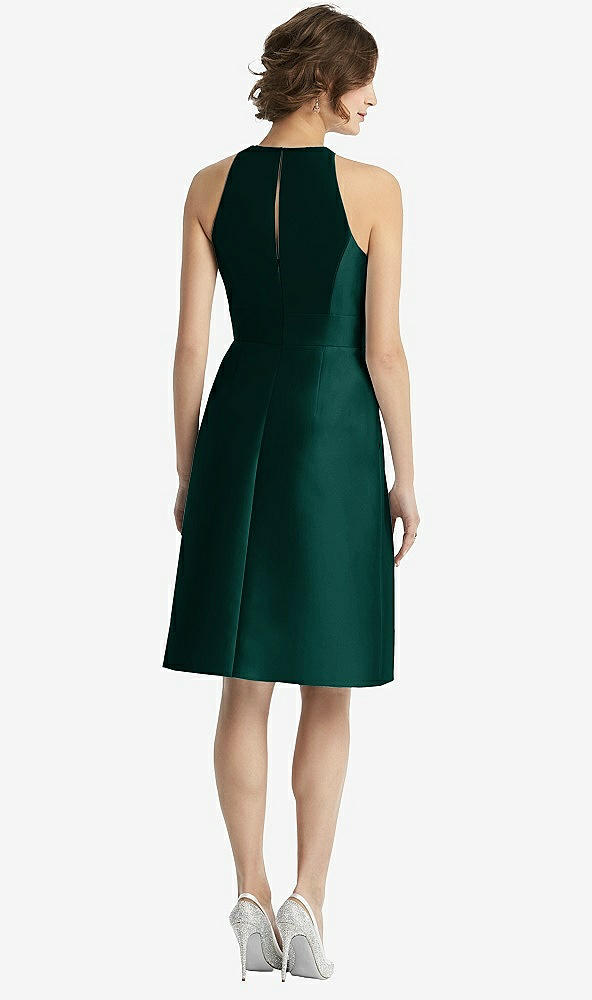 Back View - Evergreen High-Neck Satin Cocktail Dress with Pockets