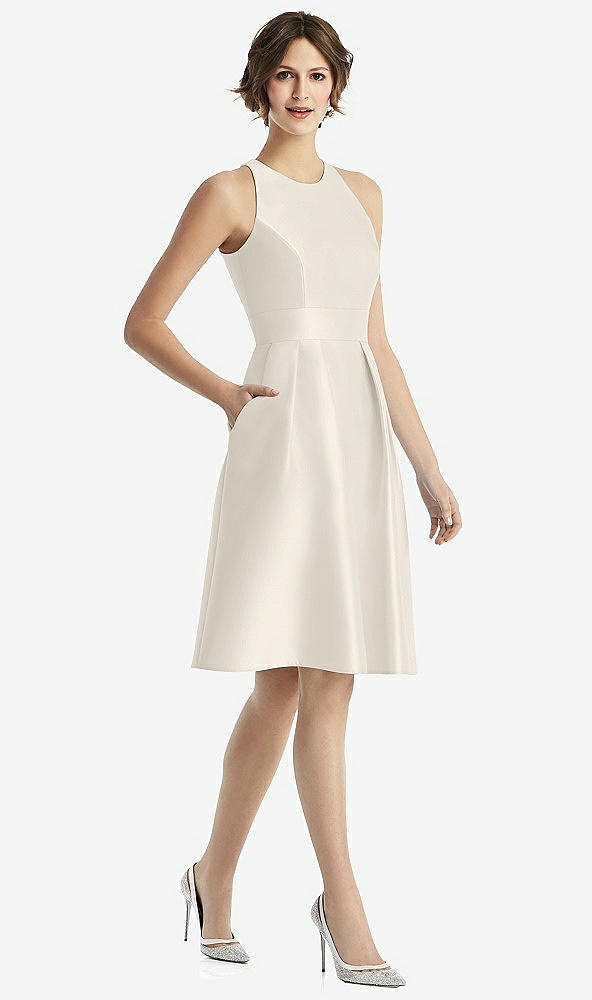 Front View - Ivory High-Neck Satin Cocktail Dress with Pockets