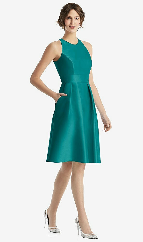Front View - Jade High-Neck Satin Cocktail Dress with Pockets