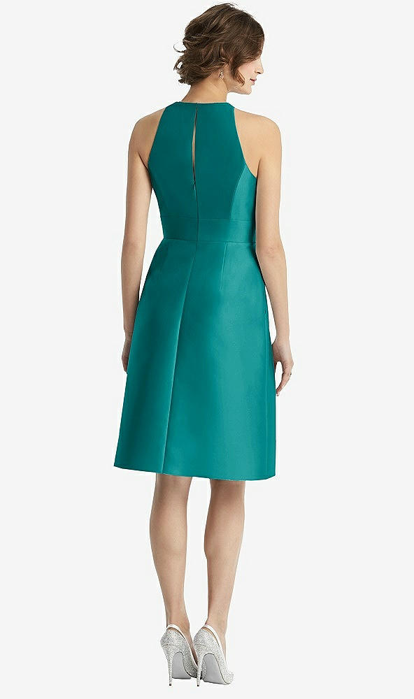 Back View - Jade High-Neck Satin Cocktail Dress with Pockets