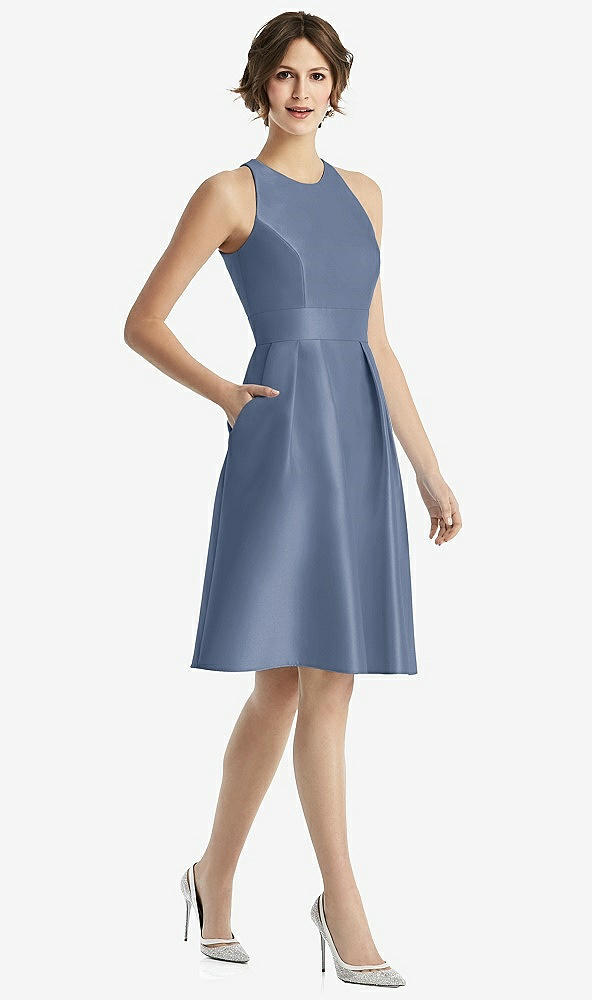 Front View - Larkspur Blue High-Neck Satin Cocktail Dress with Pockets