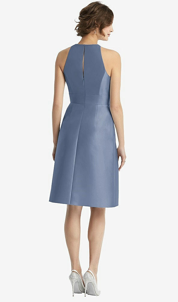 Back View - Larkspur Blue High-Neck Satin Cocktail Dress with Pockets